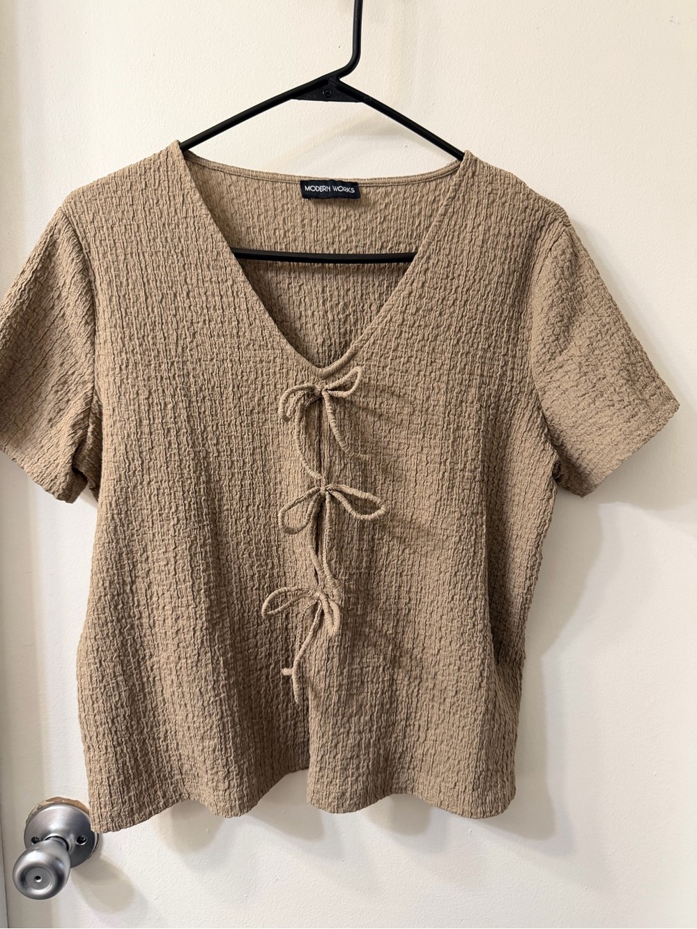Women's Tan Textured Tie-Front Top